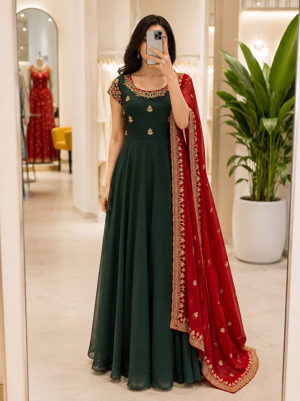 Anarkali/Robe Collection "Juhi" - Vert bouteille & rouge