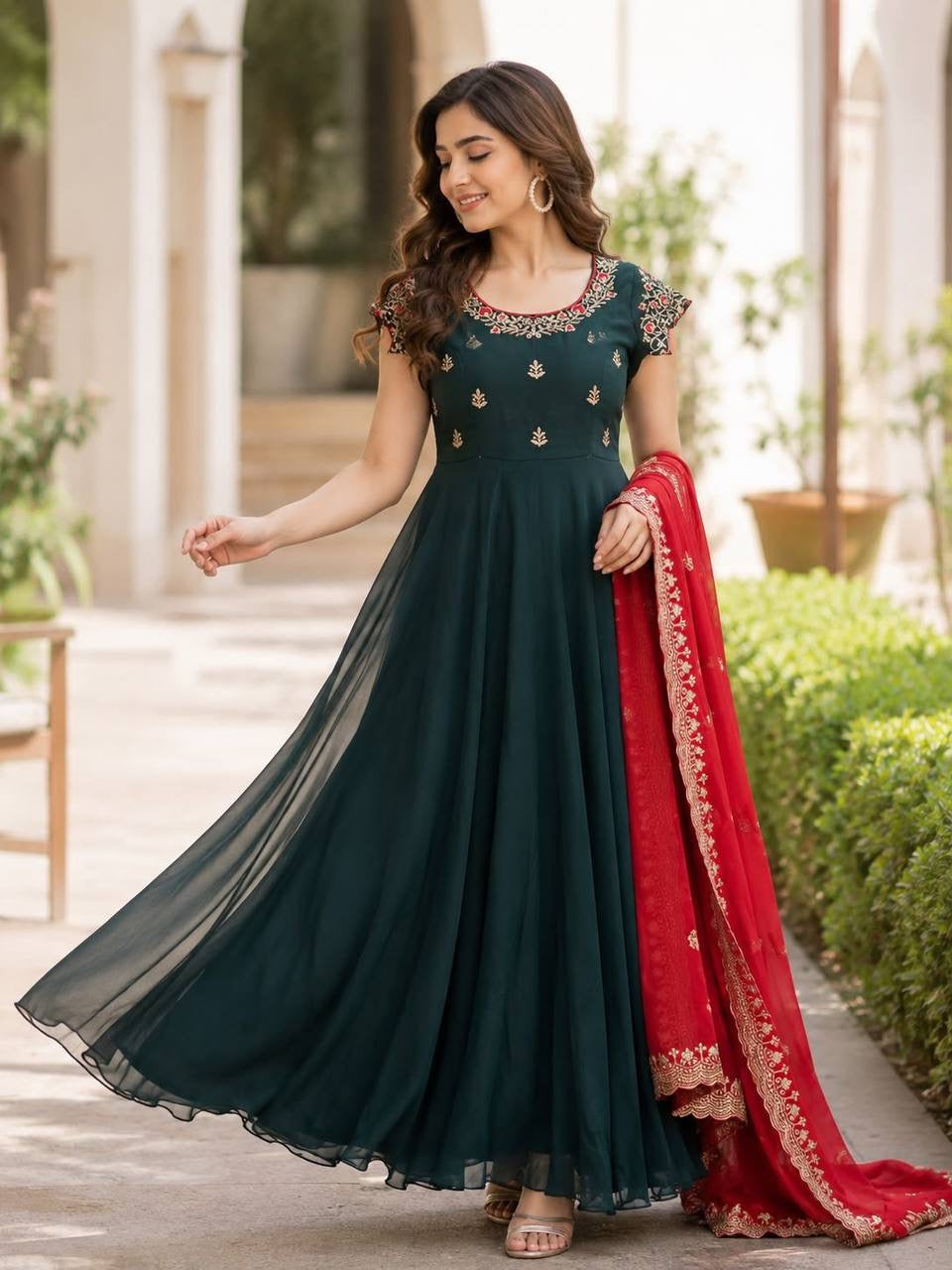 Anarkali/Robe Collection "Juhi" - Vert bouteille & rouge