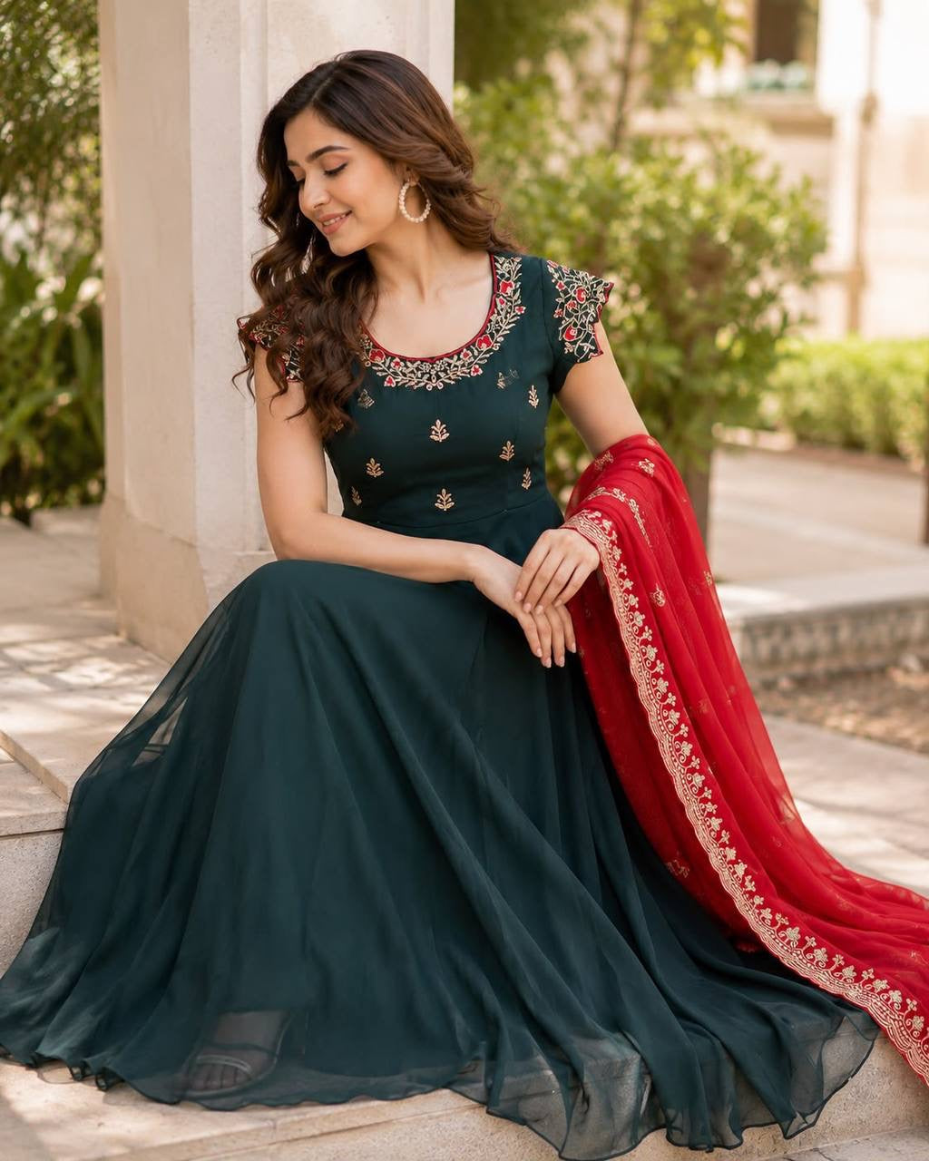 Anarkali/Robe Collection "Juhi" - Vert bouteille & rouge