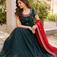 Anarkali/Robe Collection "Juhi" - Vert bouteille & rouge