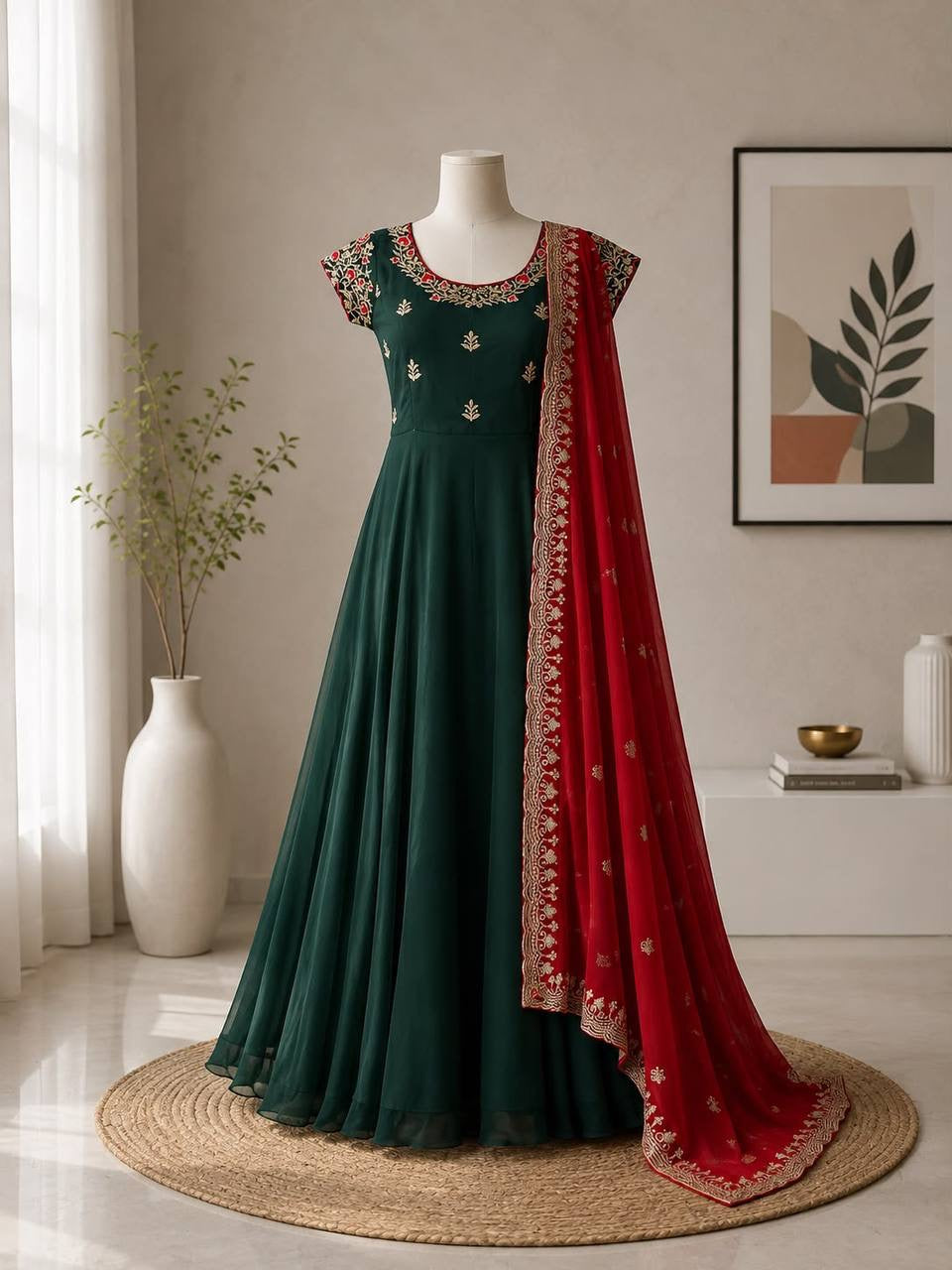 Anarkali/Robe Collection "Juhi" - Vert bouteille & rouge