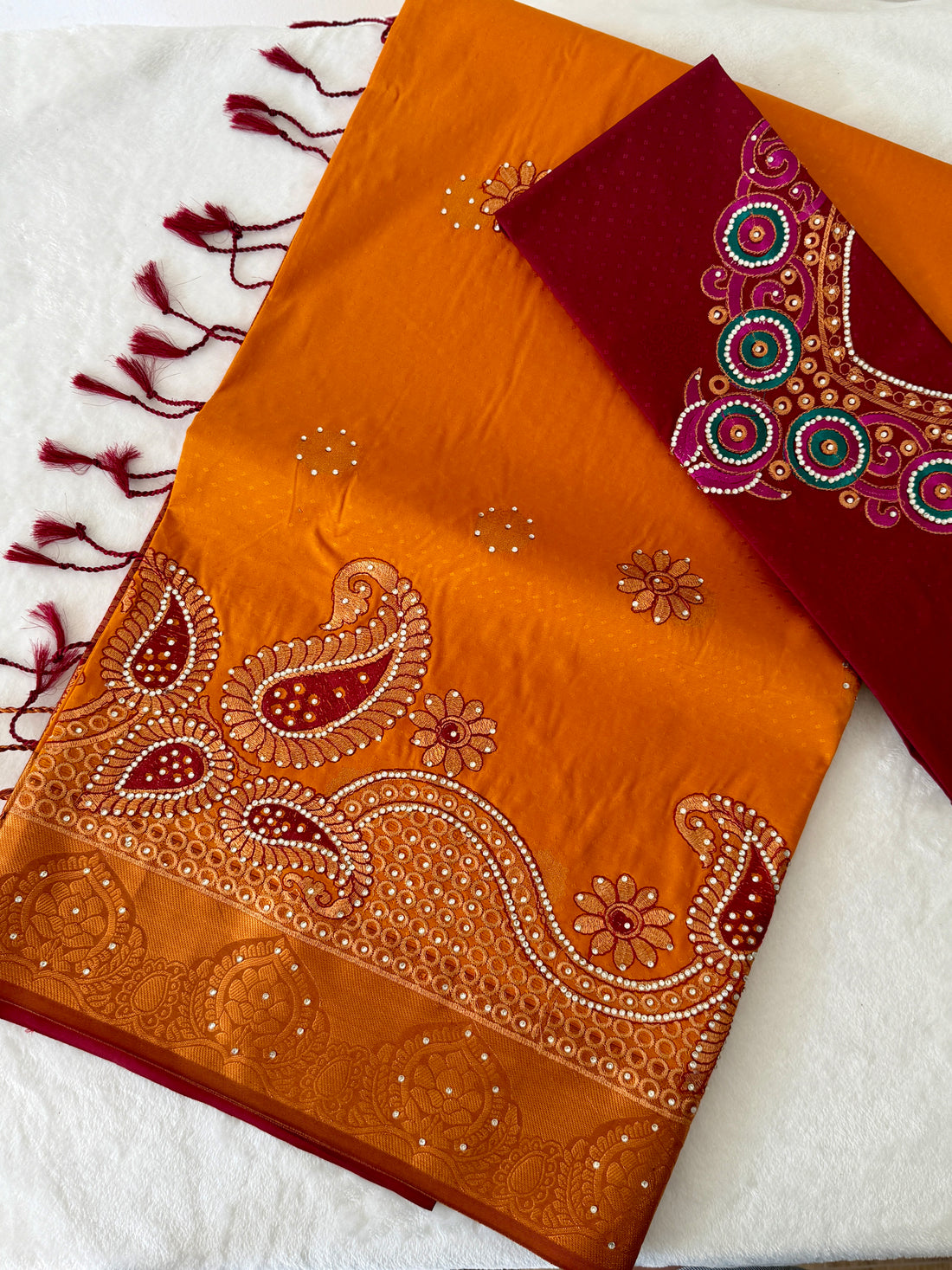 Sari "Maharani" - Jaune safran/grenat