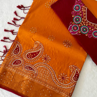 Sari "Maharani" - Jaune safran/grenat