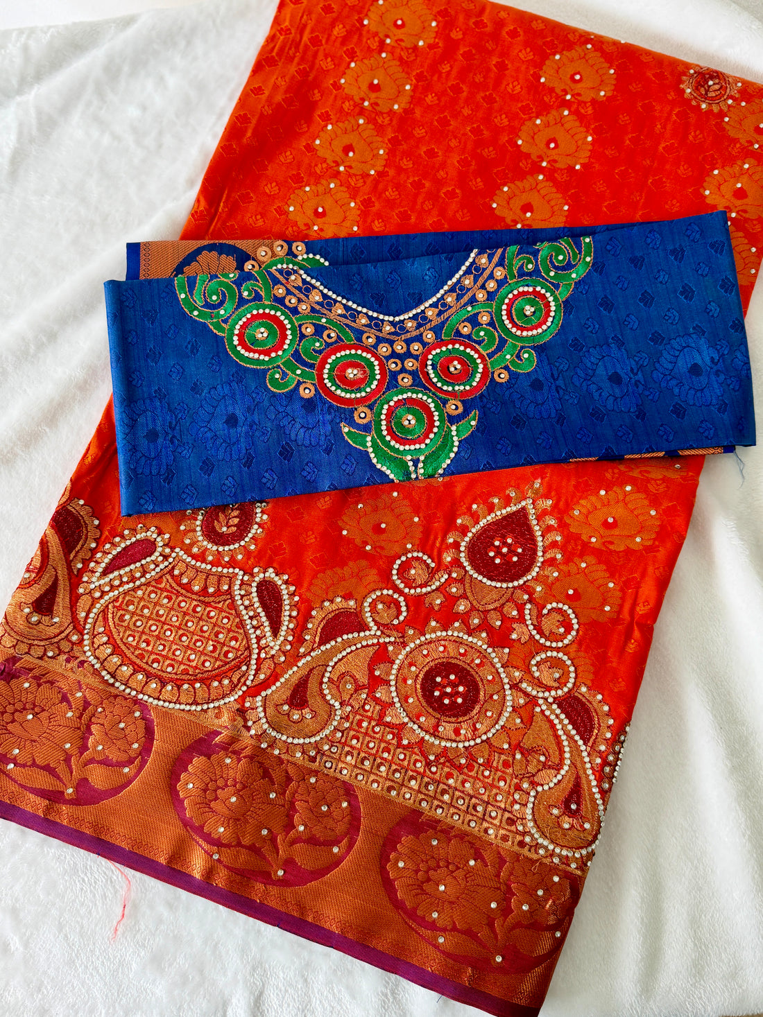 Sari "Maharani" - Orange/Bleu Marine