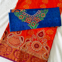 Sari "Maharani" - Orange/Bleu Marine