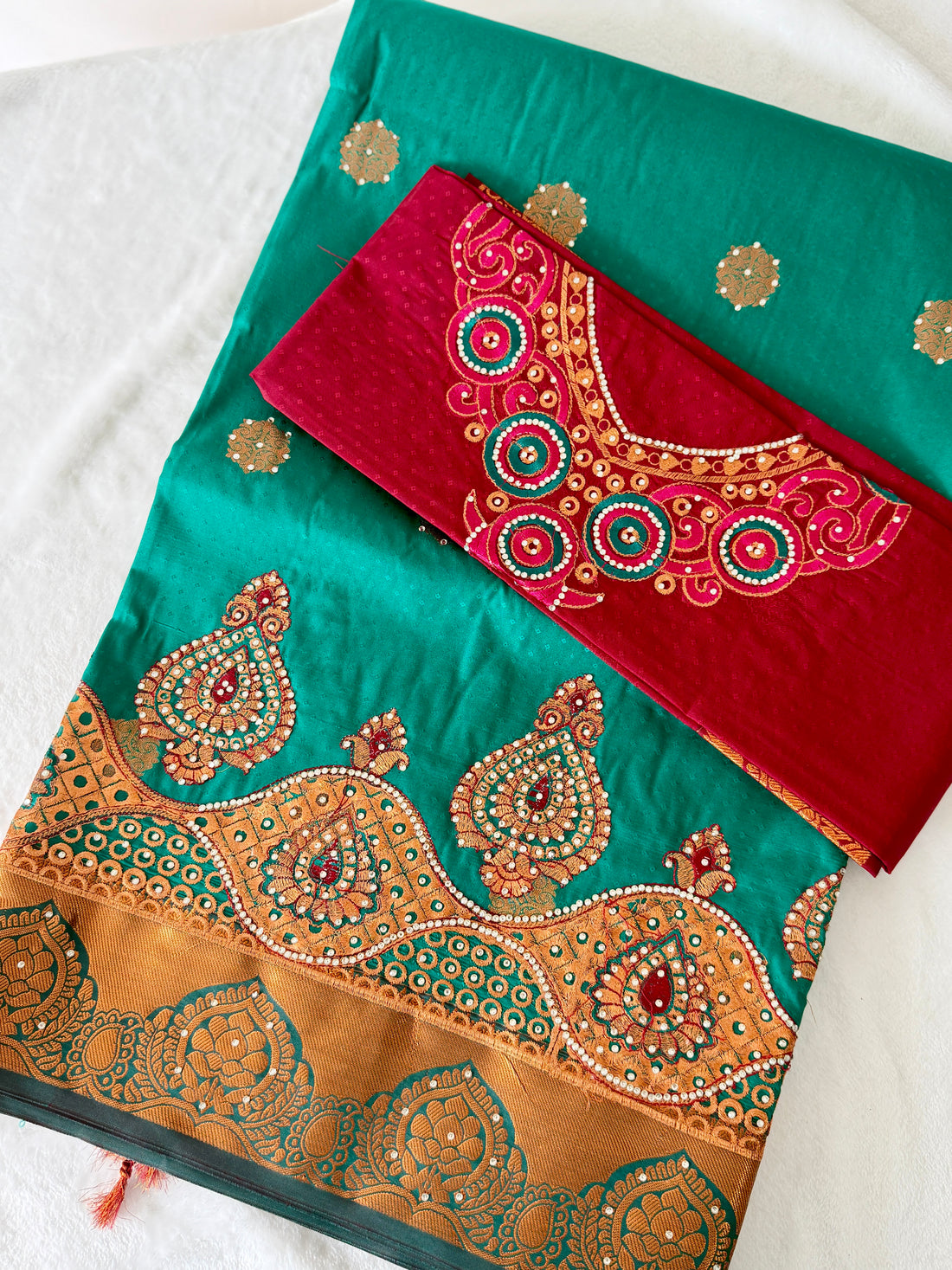 Sari "Maharani" - Turquoise/Grenat
