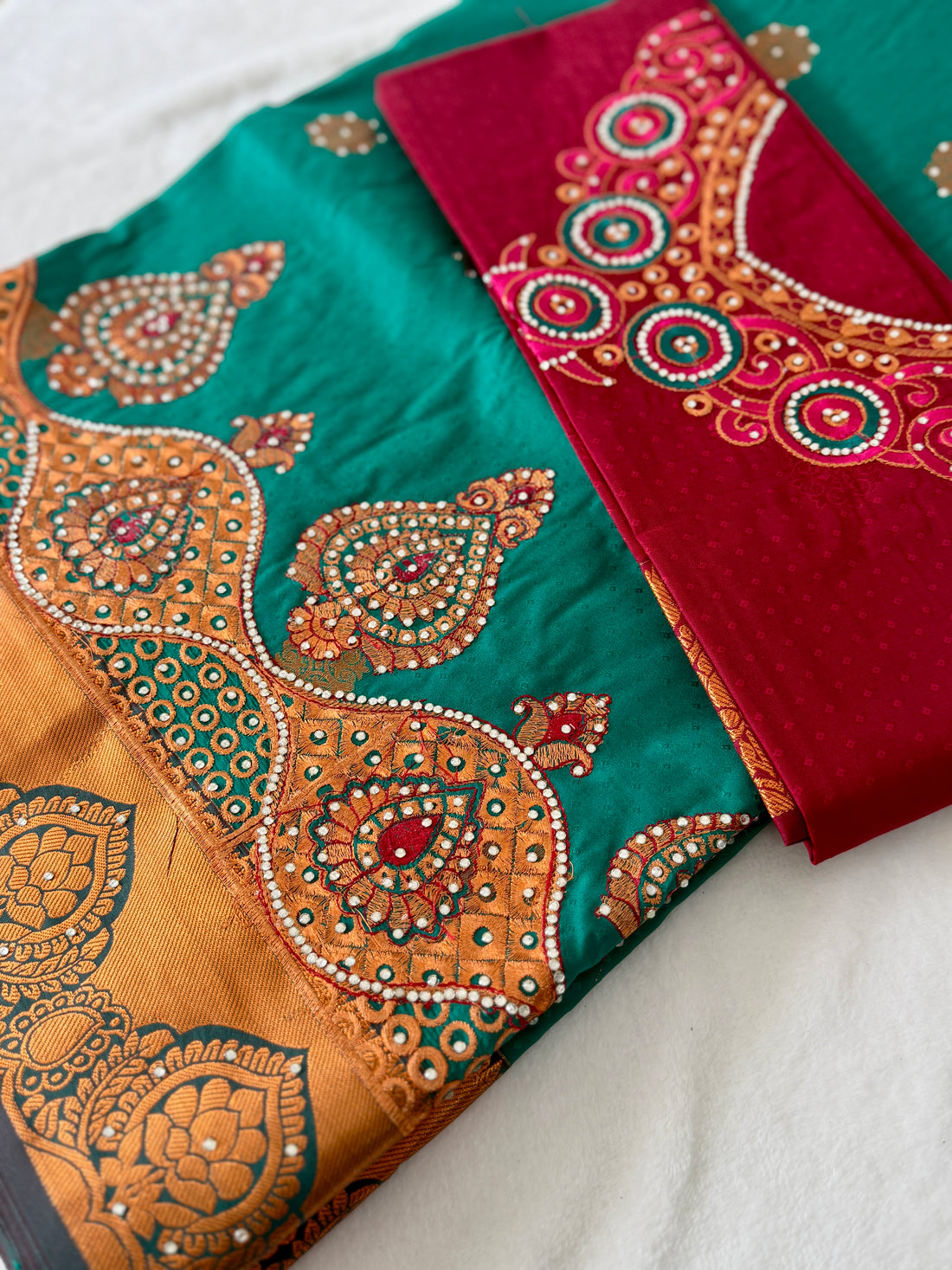 Sari "Maharani" - Turquoise/Grenat