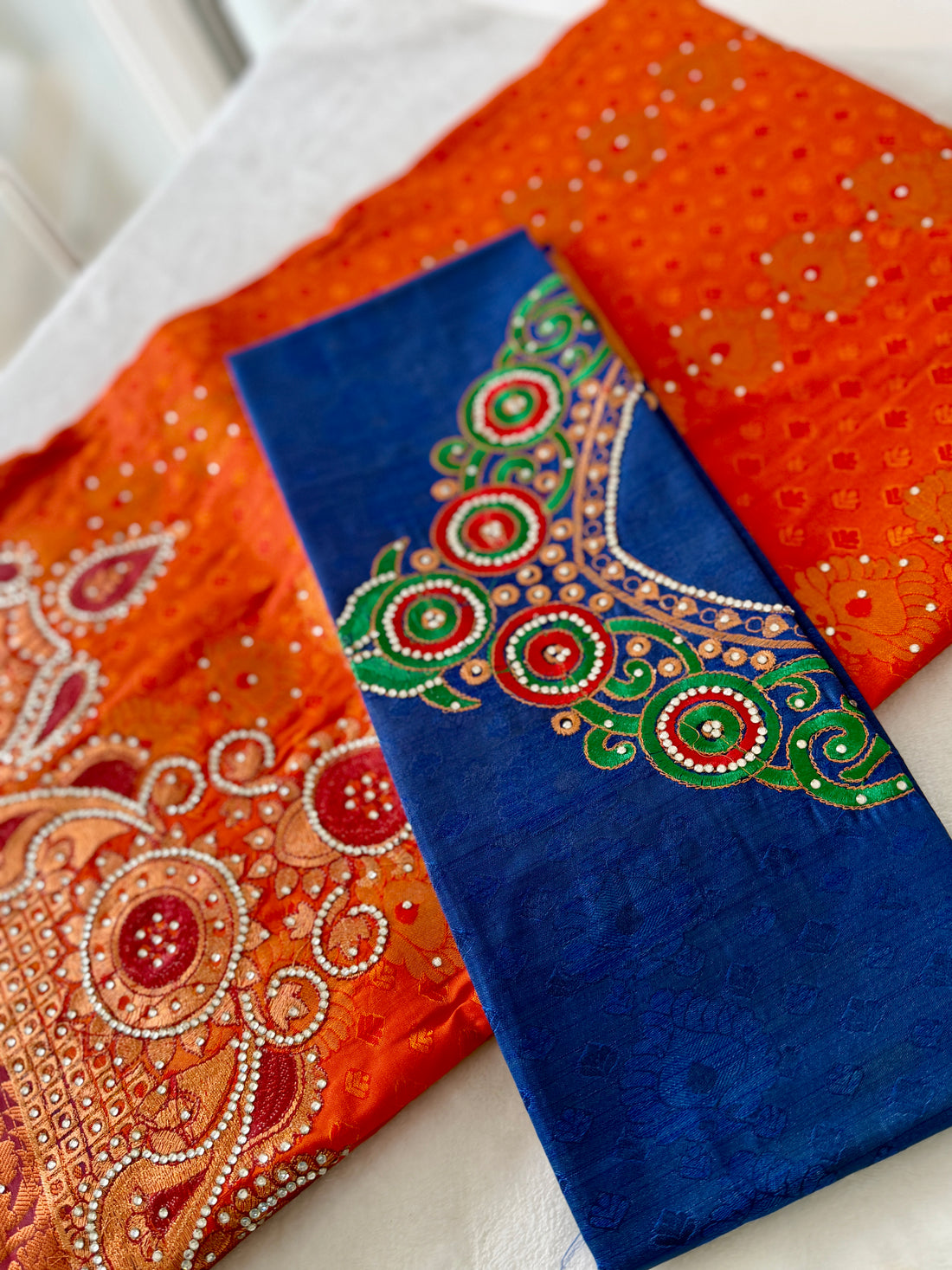 Sari "Maharani" - Orange/Bleu Marine