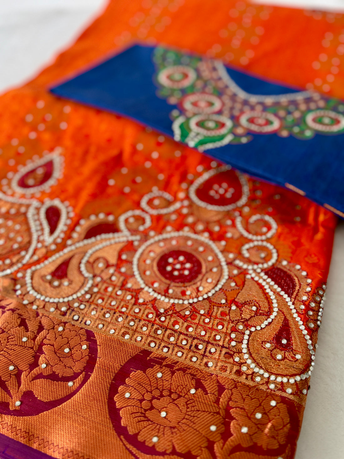 Sari "Maharani" - Orange/Bleu Marine
