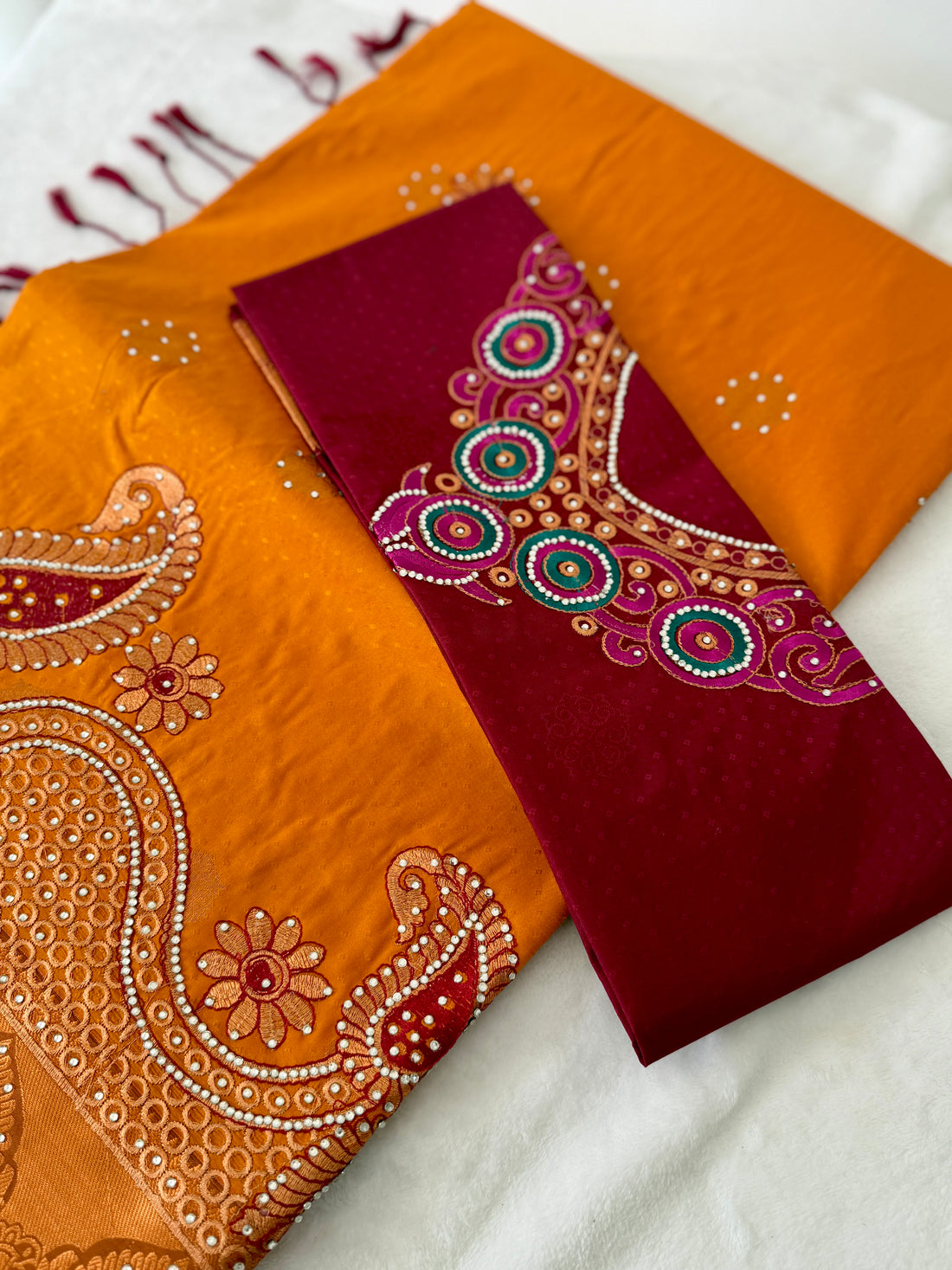 Sari "Maharani" - Jaune safran/grenat
