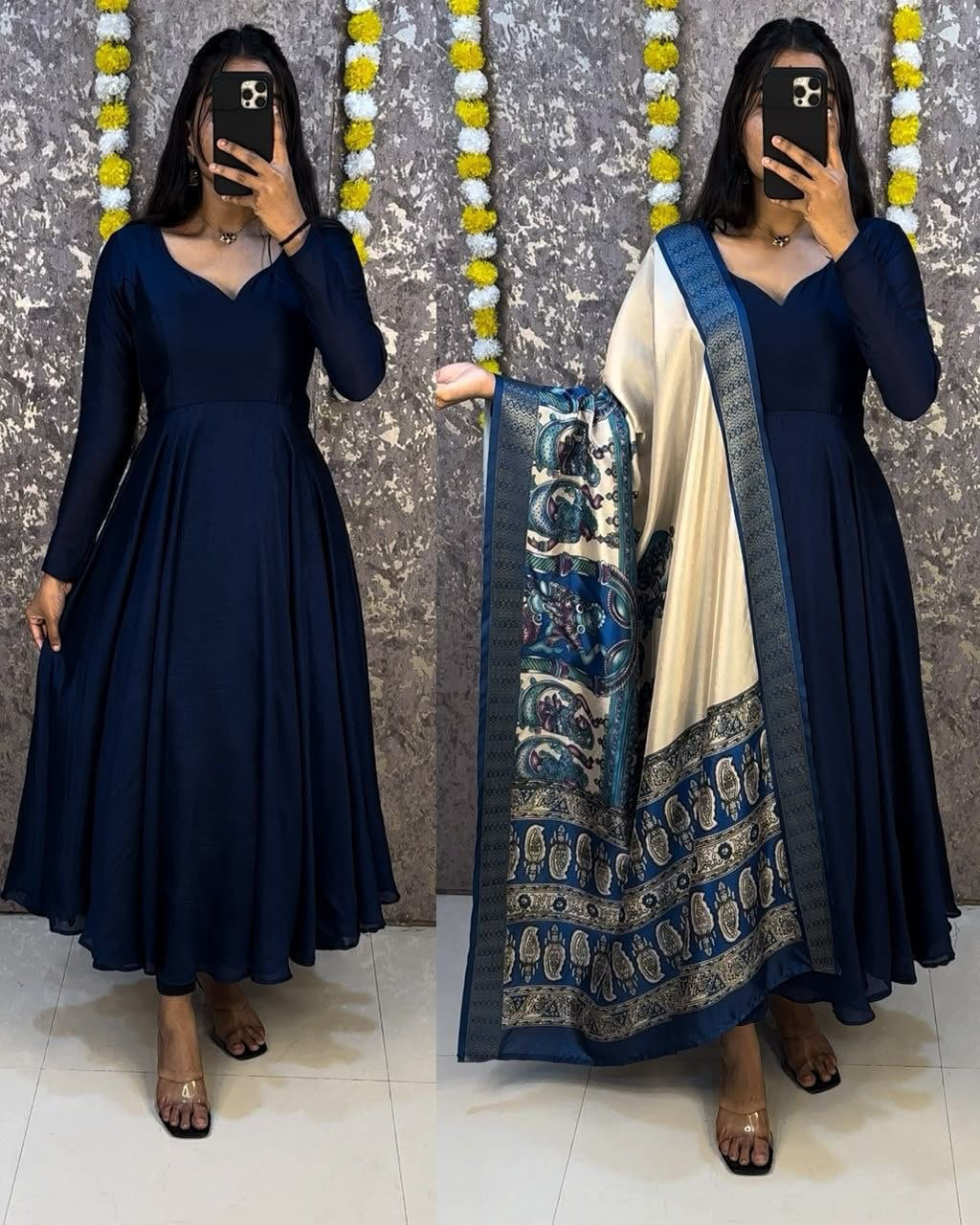 Anarkali  "Kalamkari" - Bleu