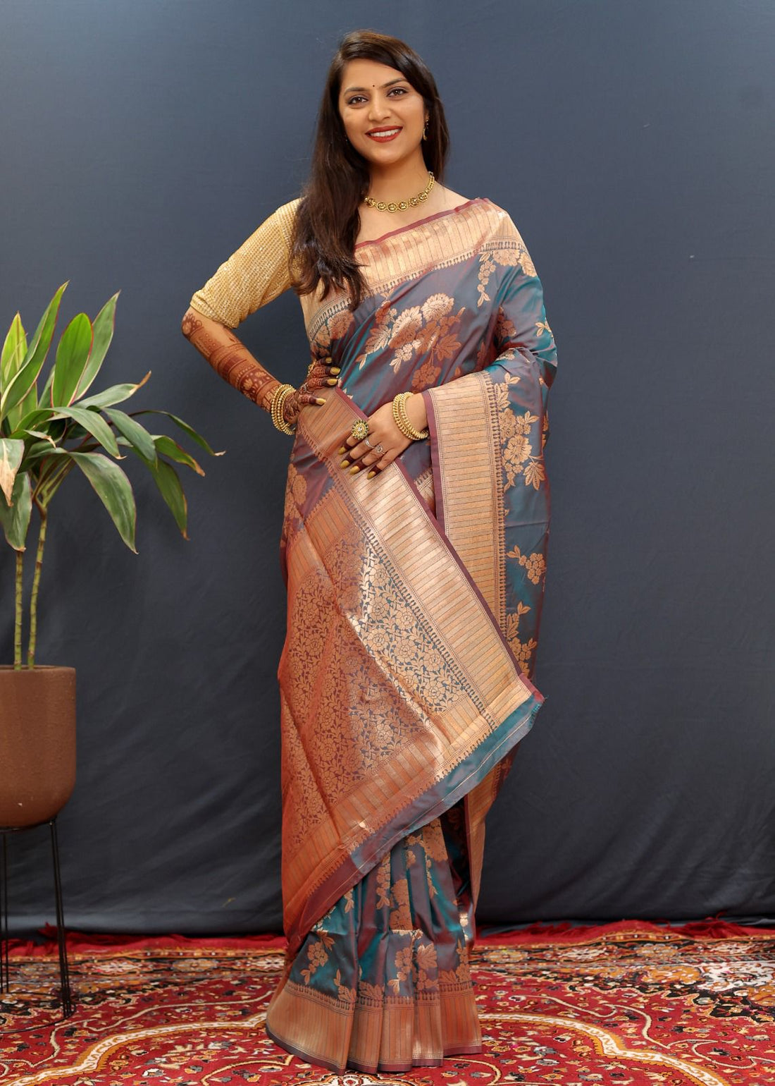 Sari Gulmahor Bleu vert irisé