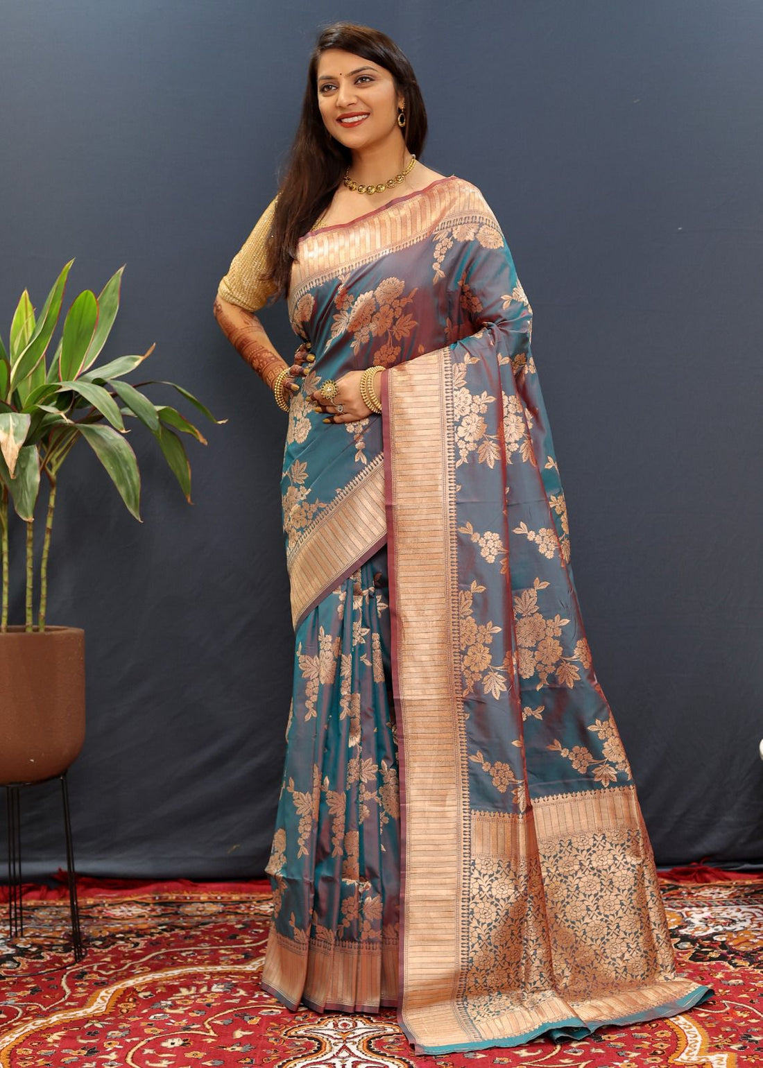 Sari Gulmahor Bleu vert irisé
