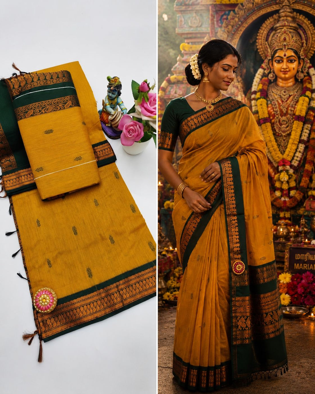 Sari "Kalyani" - Jaune safran /vert