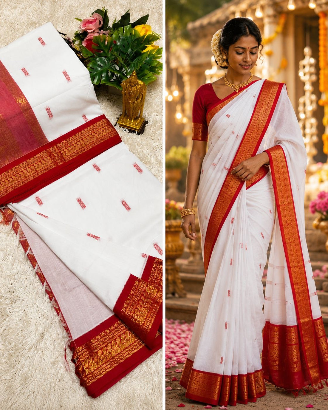 Sari "Kalyani" - Blanc/rouge