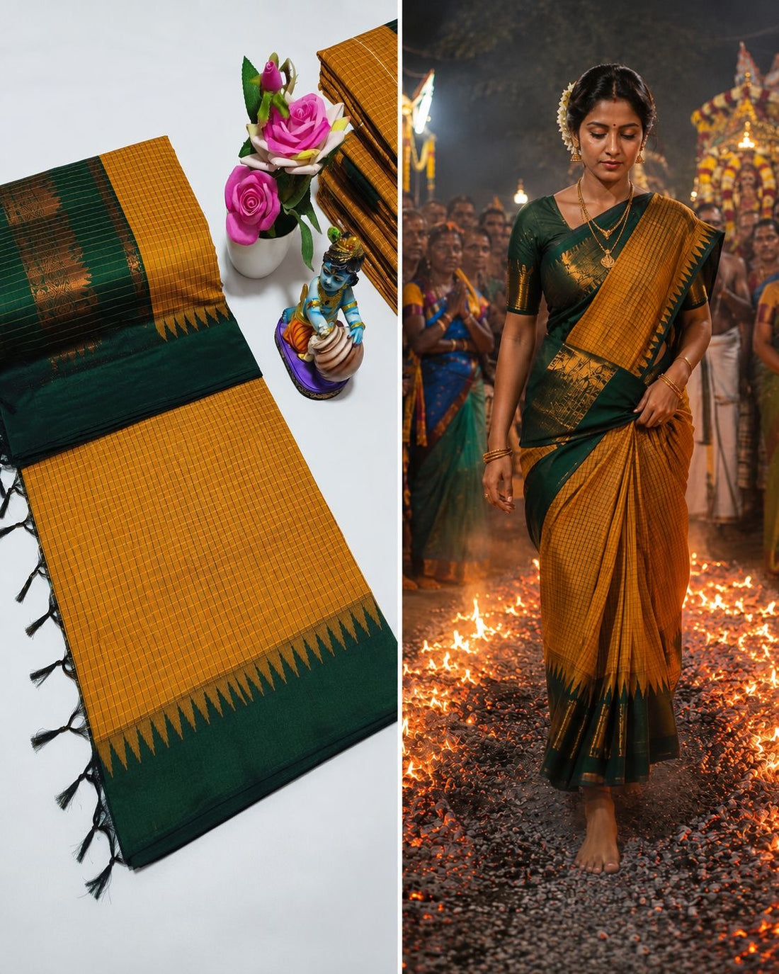 Sari "Kalyani 2" - Jaune safran/vert à carreaux