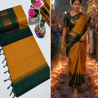 Sari "Kalyani 2" - Jaune safran/vert à carreaux