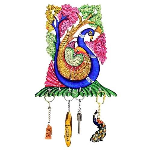 Porte-clés mural en bois : Paons sous l&