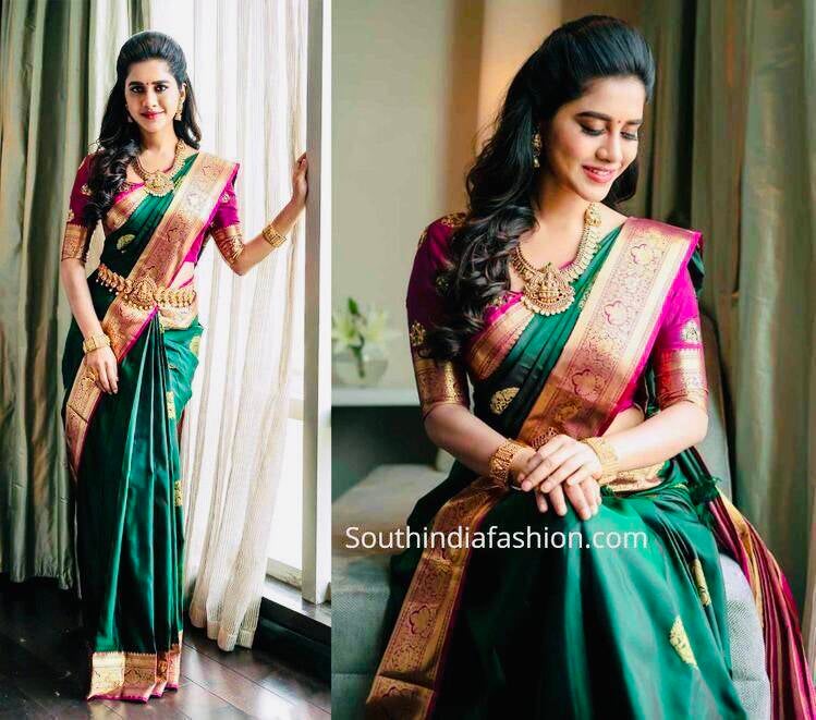 Saris "Tendance mix" Vert rose motif 1