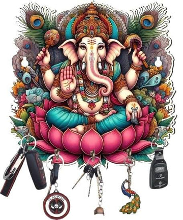 Porte-clés mural en bois : Ganesh dans un lotus