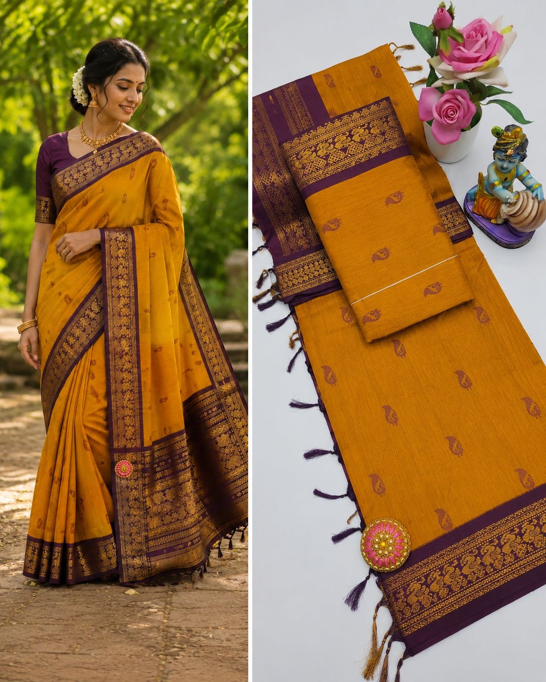Sari "Kalyani" - Jaune safran/mauve