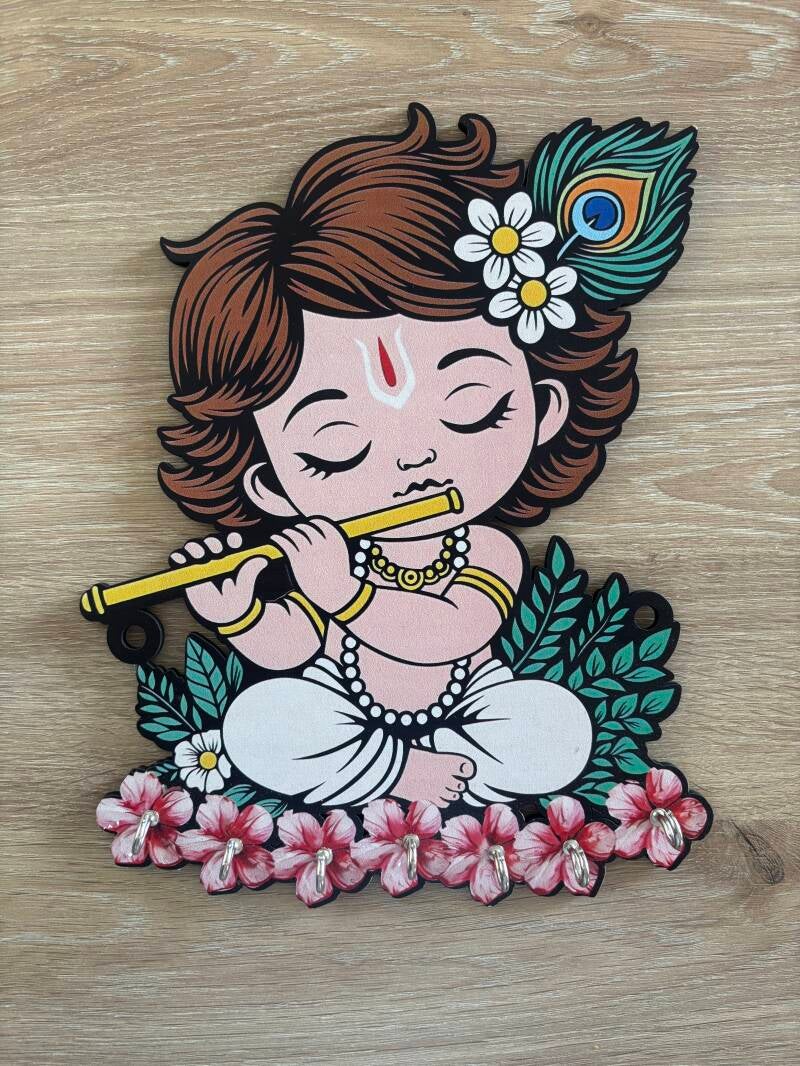 Porte-clés mural en bois : Krishna